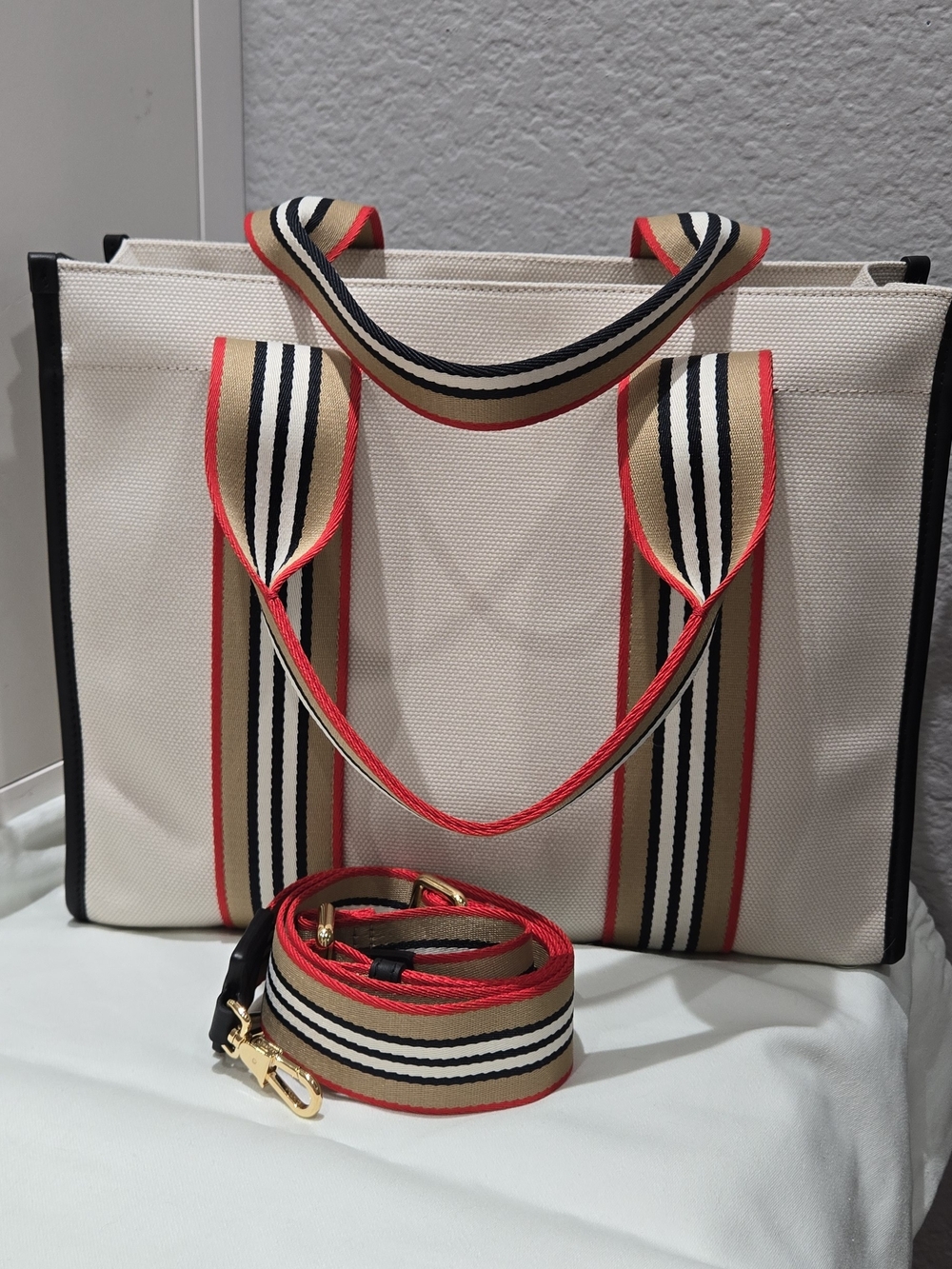 Burberry Canvas Icon Tote in Beige with Black Leather Trim - Picture 2 of 8